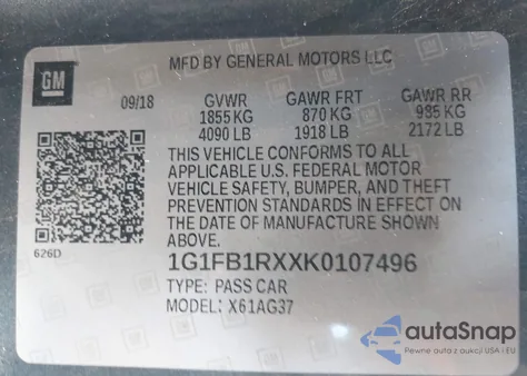 2019 Chevrolet Camaro 1Lt z USA, uszkodzony, nr VIN 1G1FB1RXXK0107496